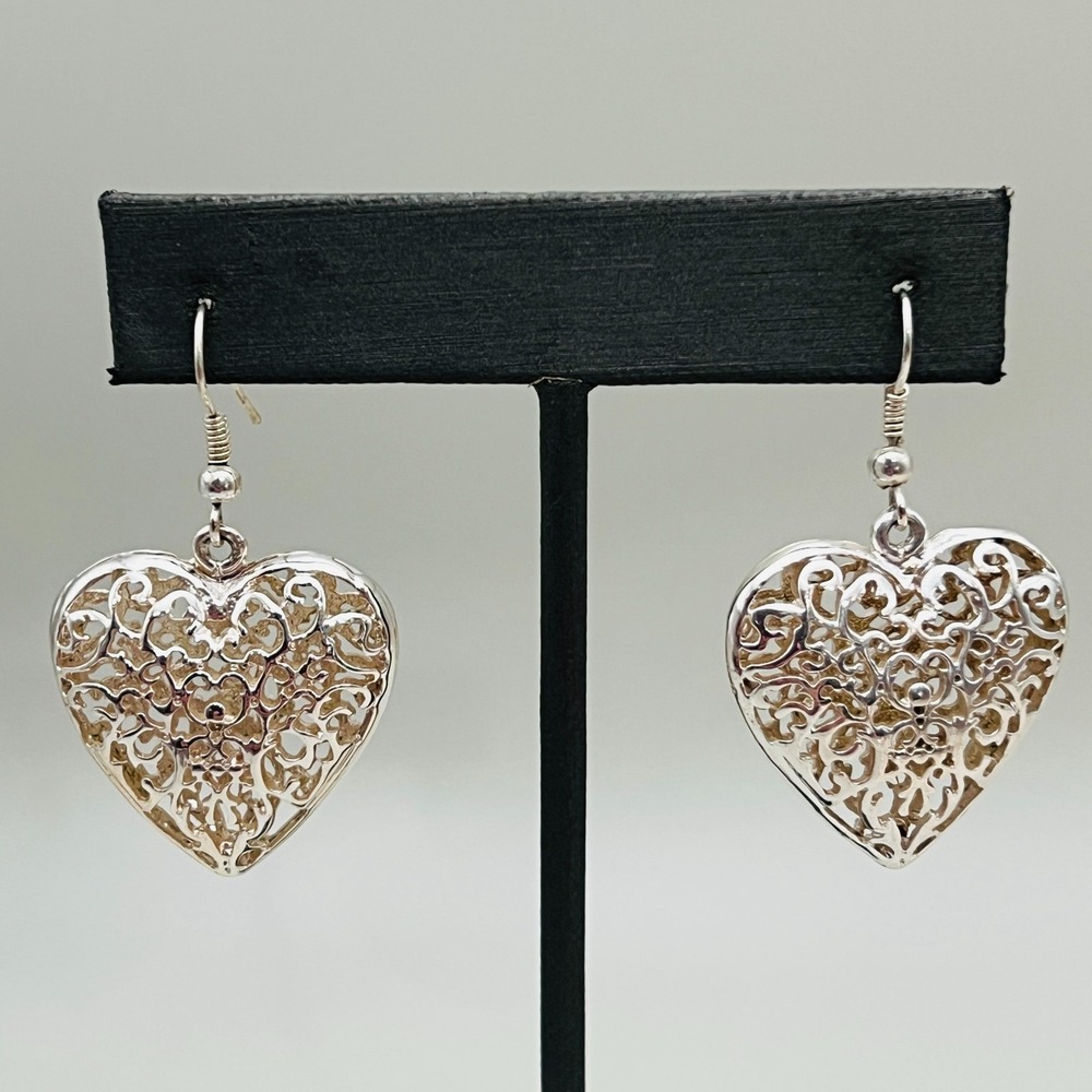 Puffed Heart Pierced Earrings Filigree Silver Tone Drop Dangle Romantic